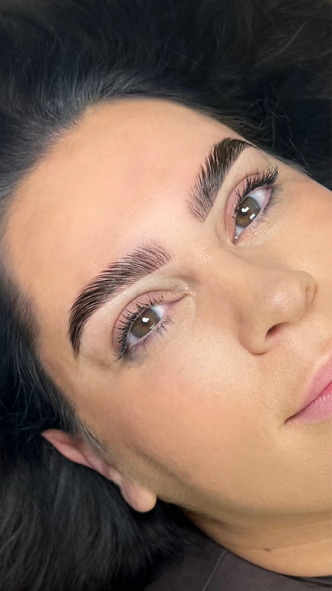 Brow lamination and tint on natural brows, fluffy feathered eyebrow look, Dallas brow artist