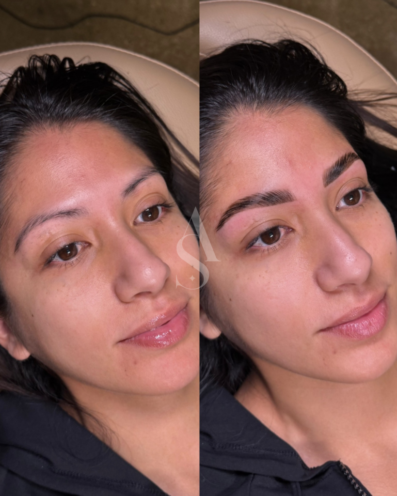 Brow lamination in Dallas at Arch + Skin. Natural lifted brows with tint before and after.