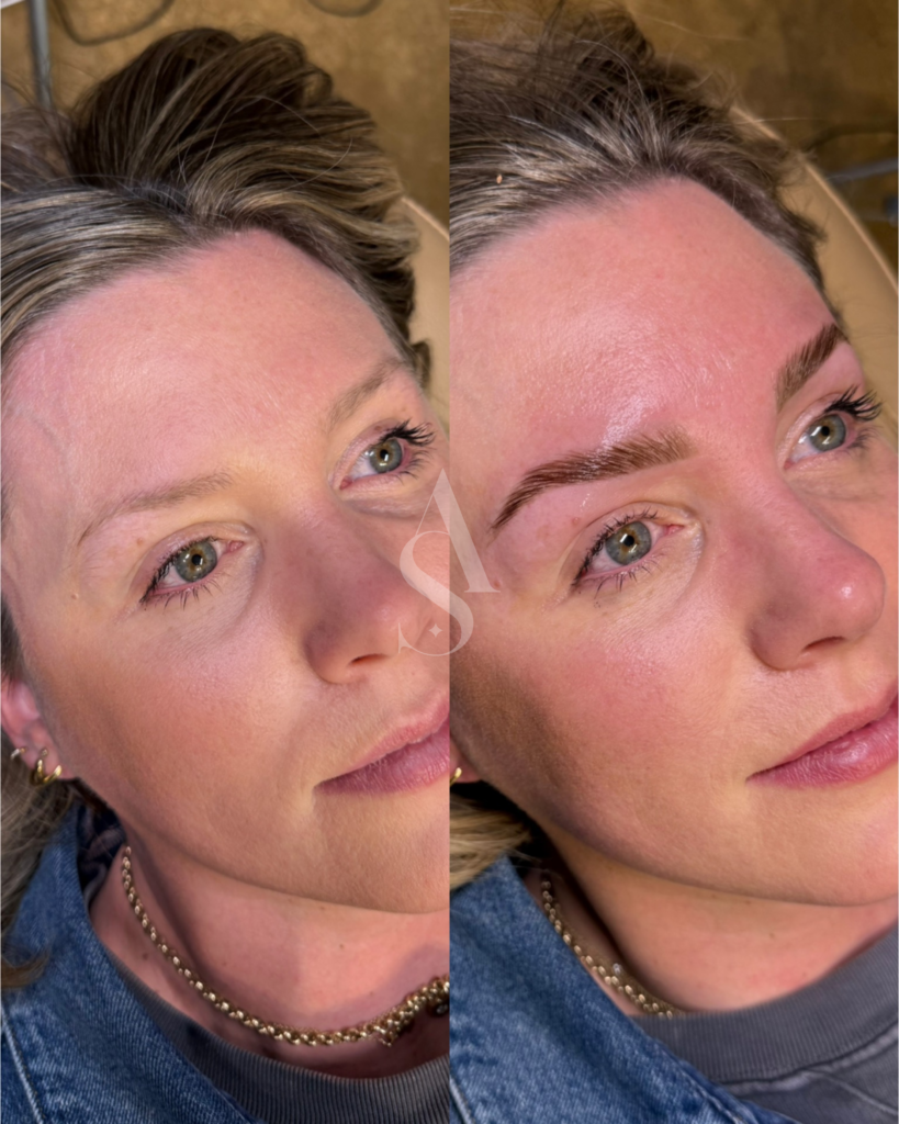 Corrective brow lamination results at Arch + Skin in Dallas. Soft lifted brows with tint before and after.